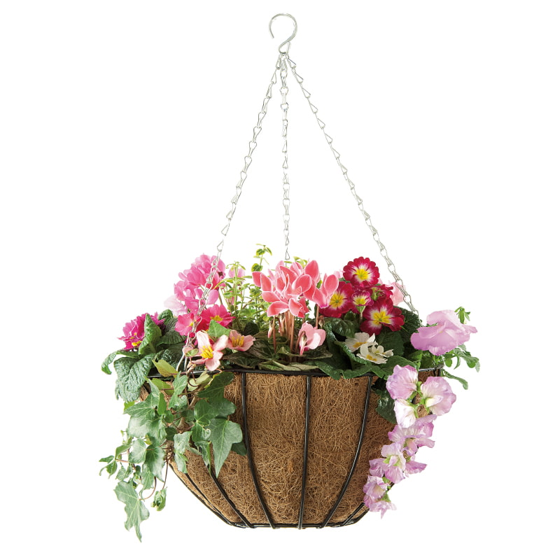 Image of a hanging basket with pink petunias and other planter flowers